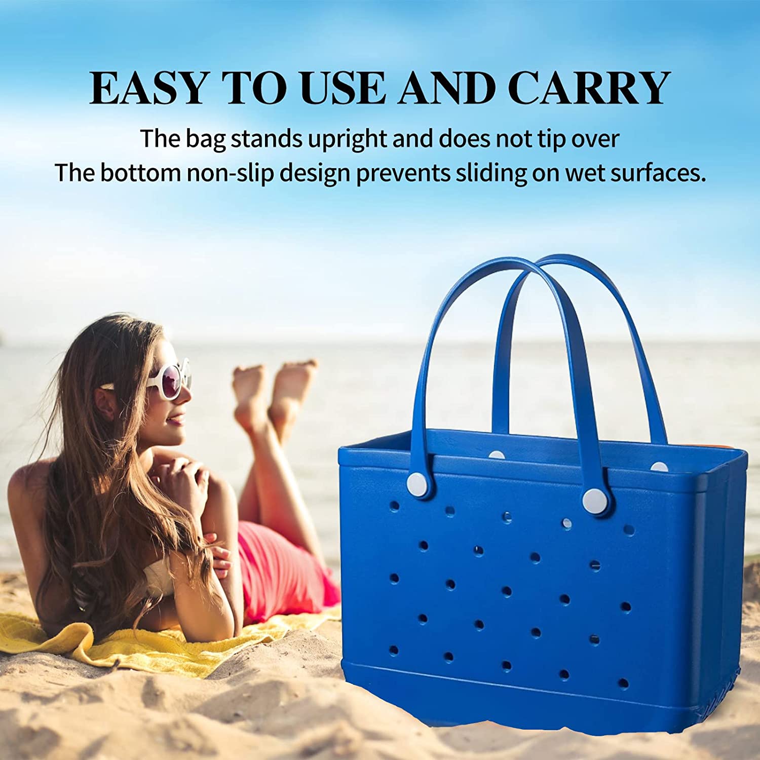 Rubber Beach Bag Waterproof EVA Portable Handbag Travel Bags with Holes Tote Bag for Beach Outdoor Boat Pool Work Sports（Large）