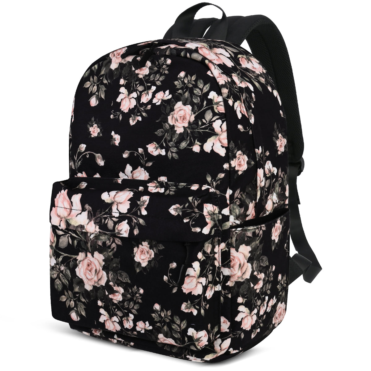 Canvas Backpack ,Washable Recycle Cotton 15.8 Inch Backpack for Women Fashion,Backpack for School (Black Flower)